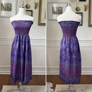 Vintage 80s Purple Strapless Smocked Top Sun Dress S